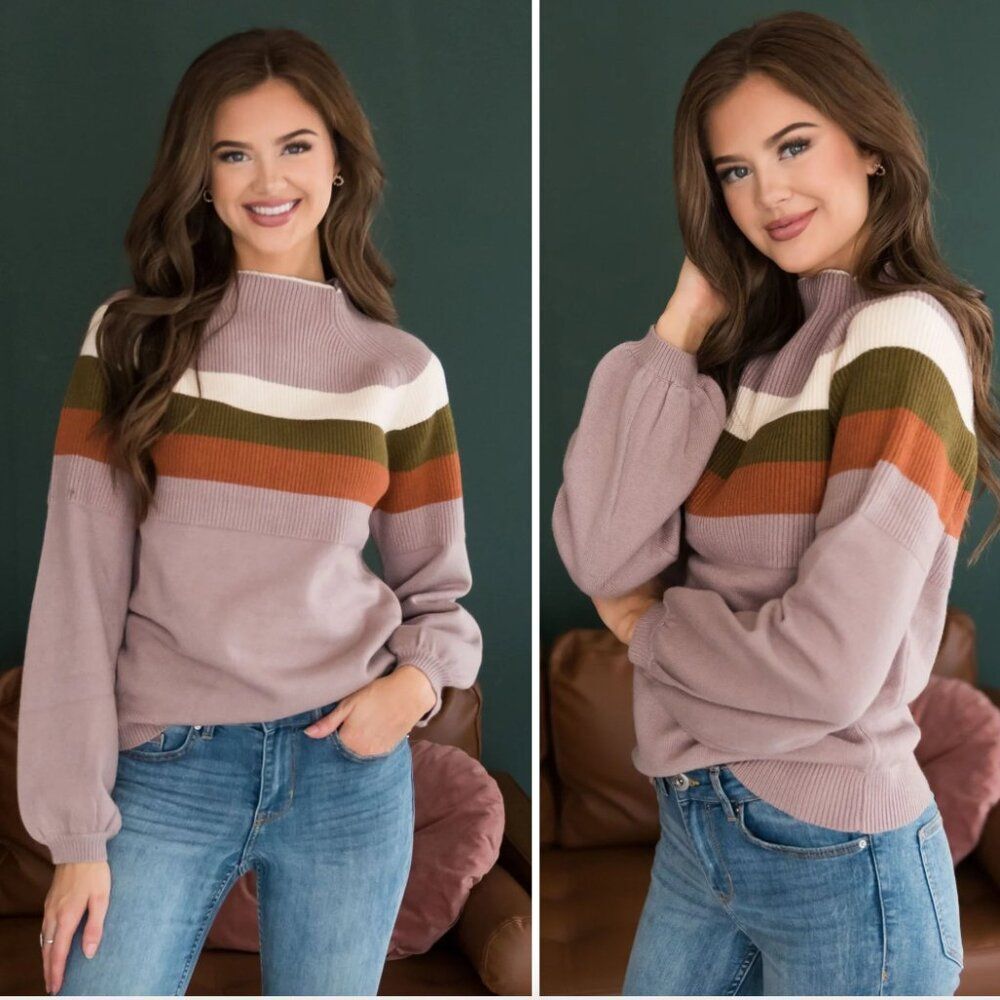 Roolee Mock Neck Balloon Sleeve Stripe Sweater